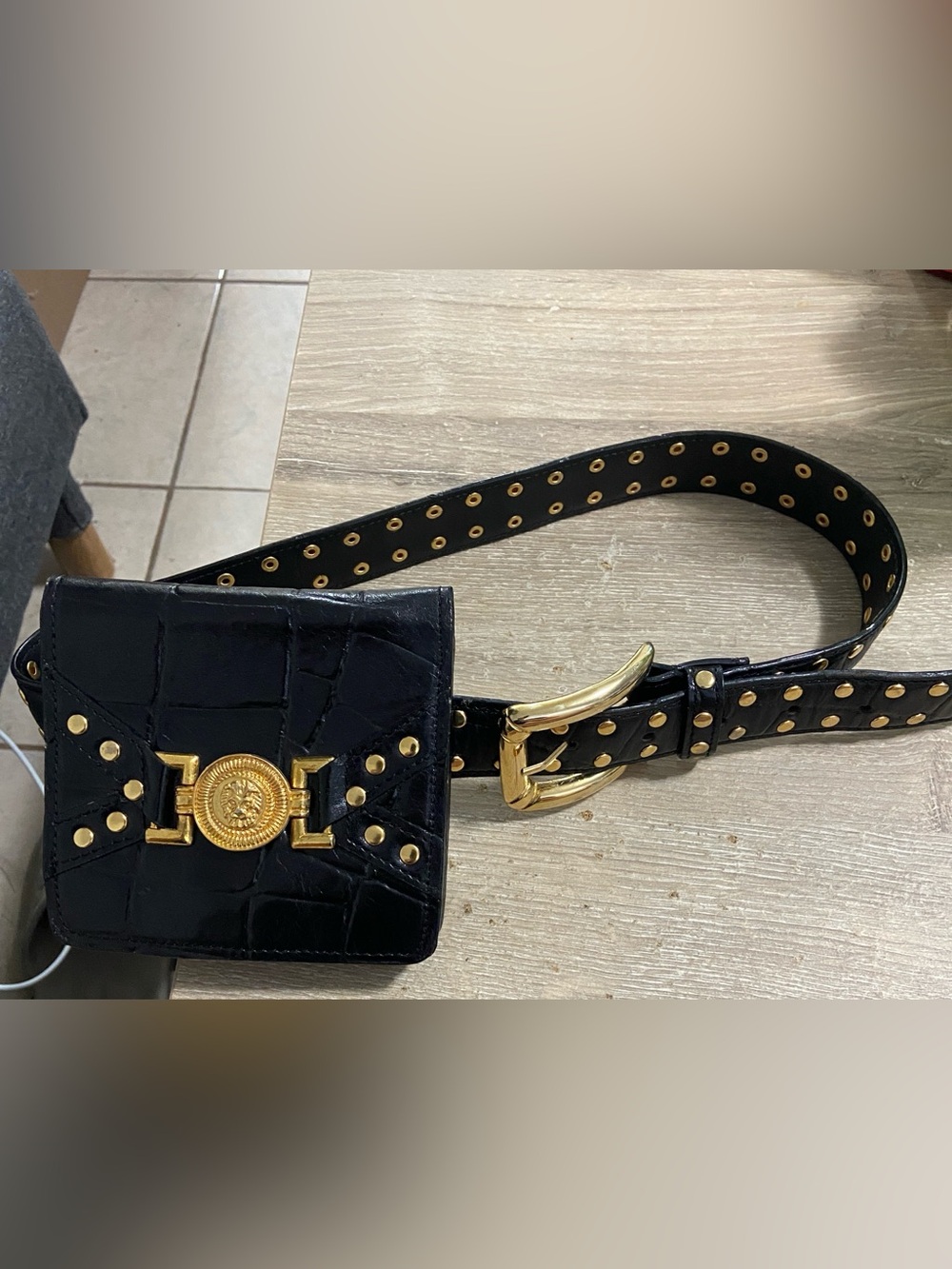 Vintage Black Croc-Embossed Belt Bag with Gold Medallion